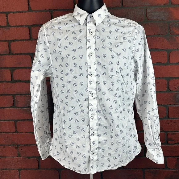 Nick Graham Men's Modern Fit 15.5 Anchor Print Flip Cuff Formal Shirt — Nautical - Picture 1 of 9